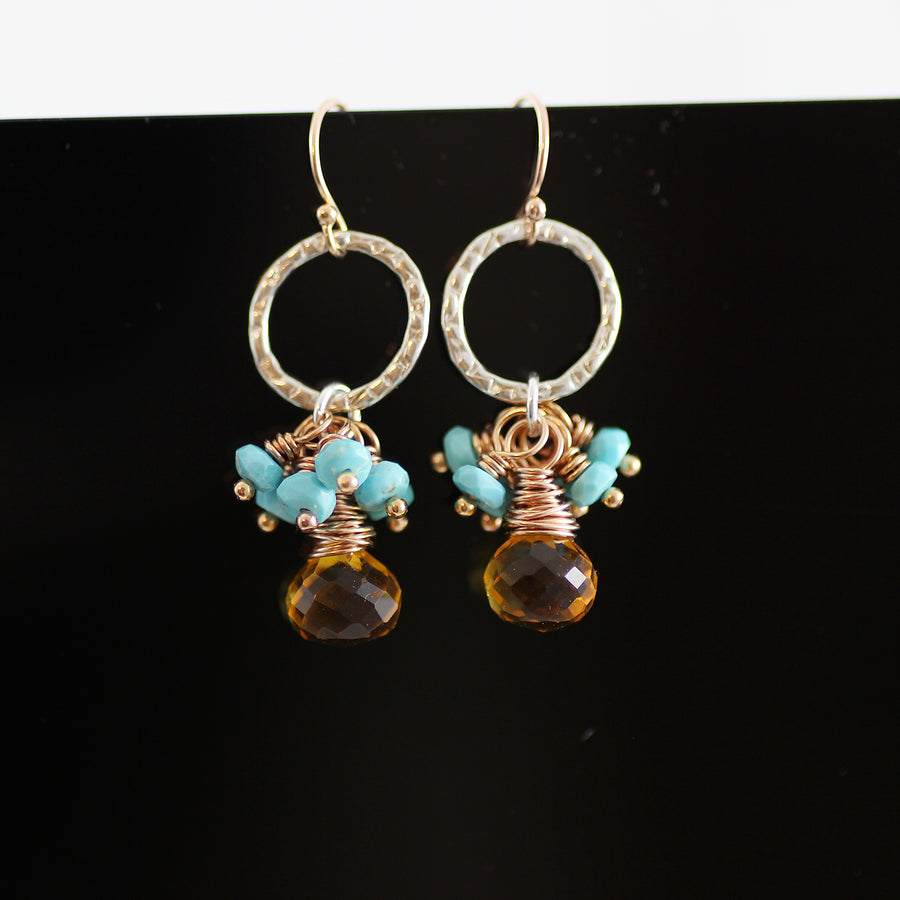 Turquoise and Citrine Gemstone Mixed Metal Dangle Earrings