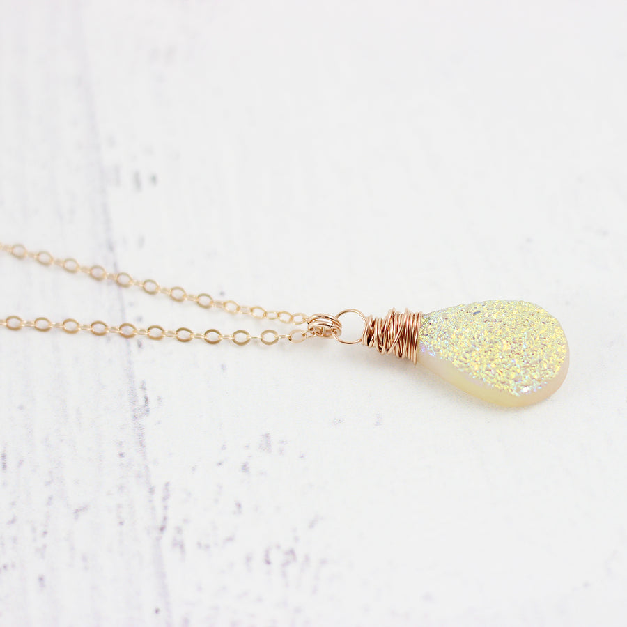 Yellow Druzy Teardrop Rose Gold Necklace