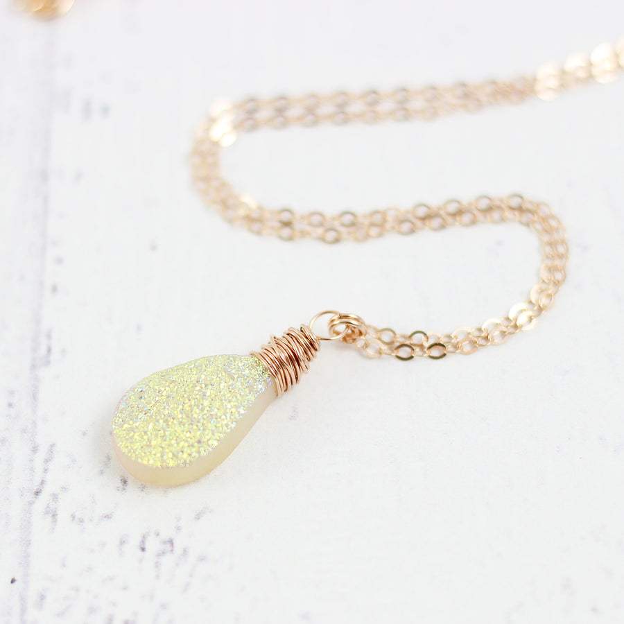 Yellow Druzy Teardrop Rose Gold Necklace