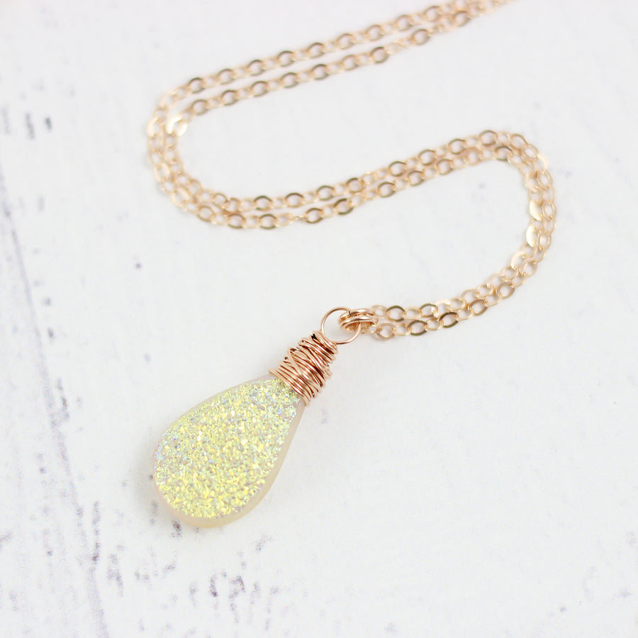 Yellow Druzy Teardrop Rose Gold Necklace